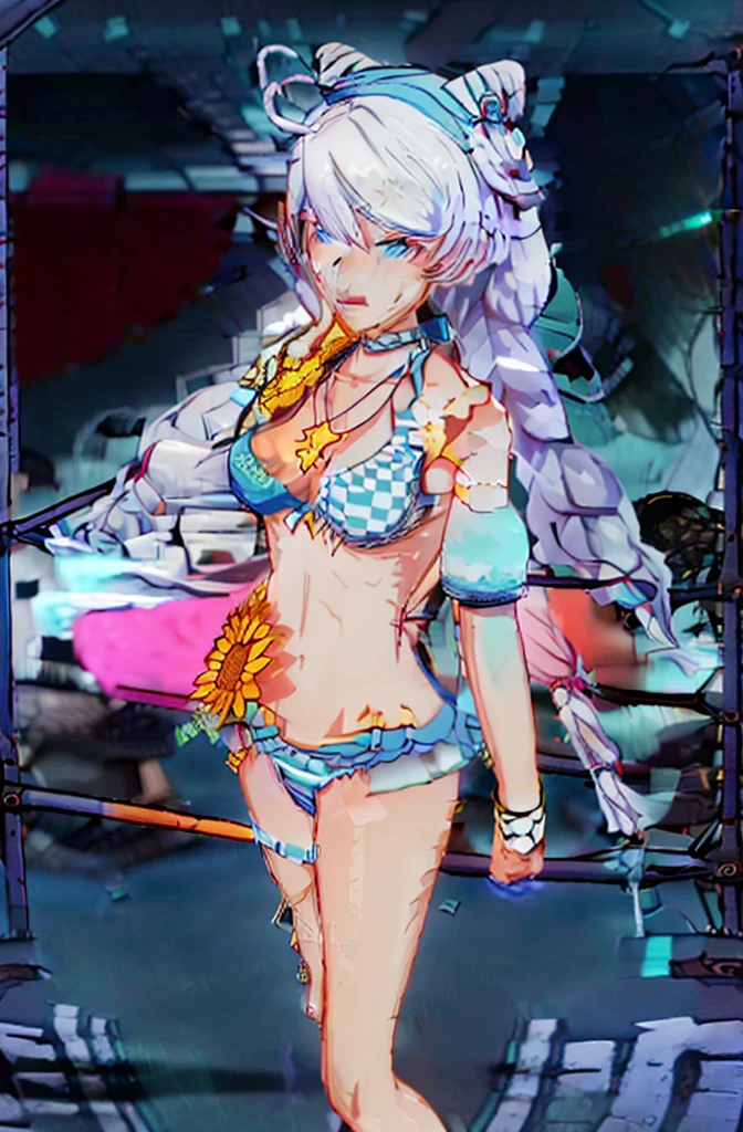 8K, ((Honkai Impact 3,houkai impact,kiana,Kiana))Highest quality, masterpiece, (ultra-detaileded:1.1), (high detaileded skin),
A girl is DJing at a bar, night, Colorful neon lights, Cyberpunk Style, naughty face, Carnival Scene, Intoxicating atmosphere, Lost Self, Dancing crowd, bar woman, DJ activities, From above,
Ticker, Swimwear, blue eyes, bikini, Long Hair, sunflower, twin Braidings, Braiding, necklace, hair ornaments, hair band, Laughter,
(beautiful_face), ((Complex_detailed)), clear face,
((Are you okayly_detaileded)), Are you okay_fabric_emphasize,
((Shiny)), full_shot