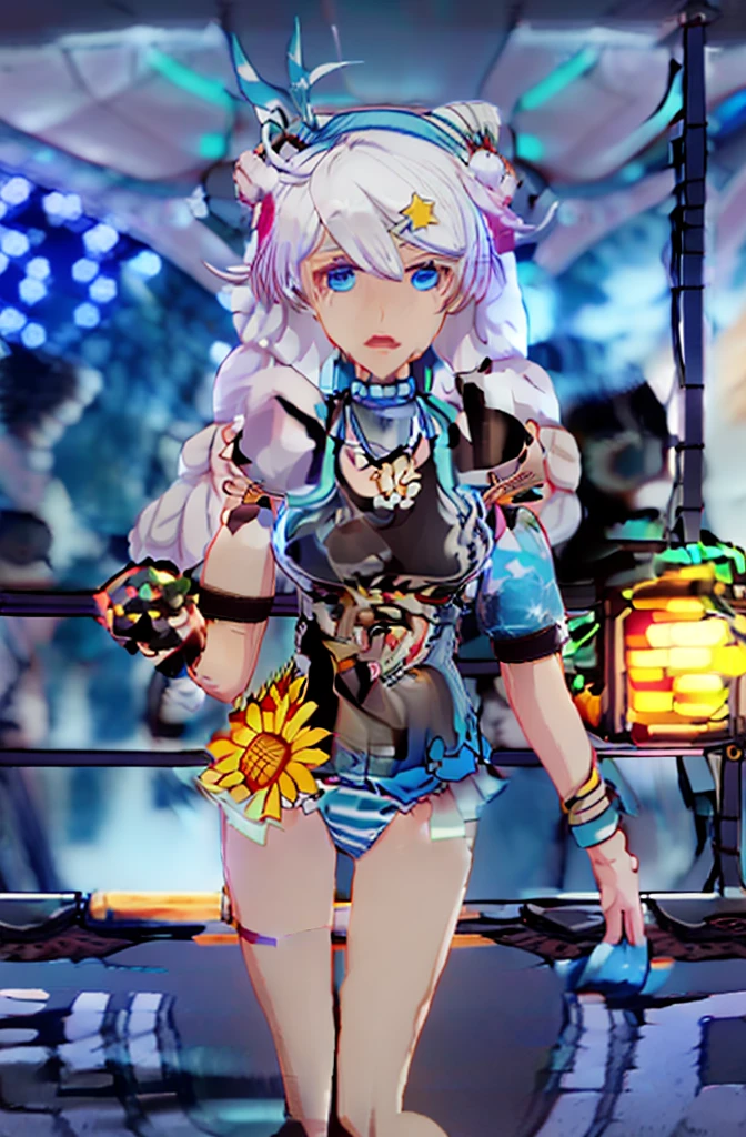 8K, ((Honkai Impact 3,houkai impact,kiana,Kiana))Highest quality, masterpiece, (ultra-detaileded:1.1), (high detaileded skin),
A girl is DJing at a bar, night, Colorful neon lights, Cyberpunk Style, naughty face, Carnival Scene, Intoxicating atmosphere, Lost Self, Dancing crowd, bar woman, DJ activities, From above,
Ticker, Swimwear, blue eyes, bikini, Long Hair, sunflower, twin Braidings, Braiding, necklace, hair ornaments, hair band, Laughter,
(beautiful_face), ((Complex_detailed)), clear face,
((Are you okayly_detaileded)), Are you okay_fabric_emphasize,
((Shiny)), full_shot
