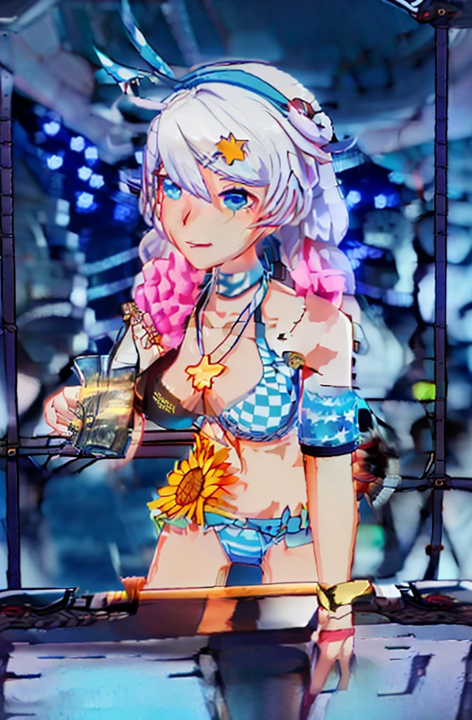 8K, ((Honkai Impact 3,houkai impact,kiana,Kiana))Highest quality, masterpiece, (ultra-detaileded:1.1), (high detaileded skin),
A girl is DJing at a bar, night, Colorful neon lights, Cyberpunk Style, naughty face, Carnival Scene, Intoxicating atmosphere, Lost Self, Dancing crowd, bar woman, DJ activities, From above,
Ticker, Swimwear, blue eyes, bikini, Long Hair, sunflower, twin Braidings, Braiding, necklace, hair ornaments, hair band, Laughter,
(beautiful_face), ((Complex_detailed)), clear face,
((Are you okayly_detaileded)), Are you okay_fabric_emphasize,
((Shiny)), full_shot