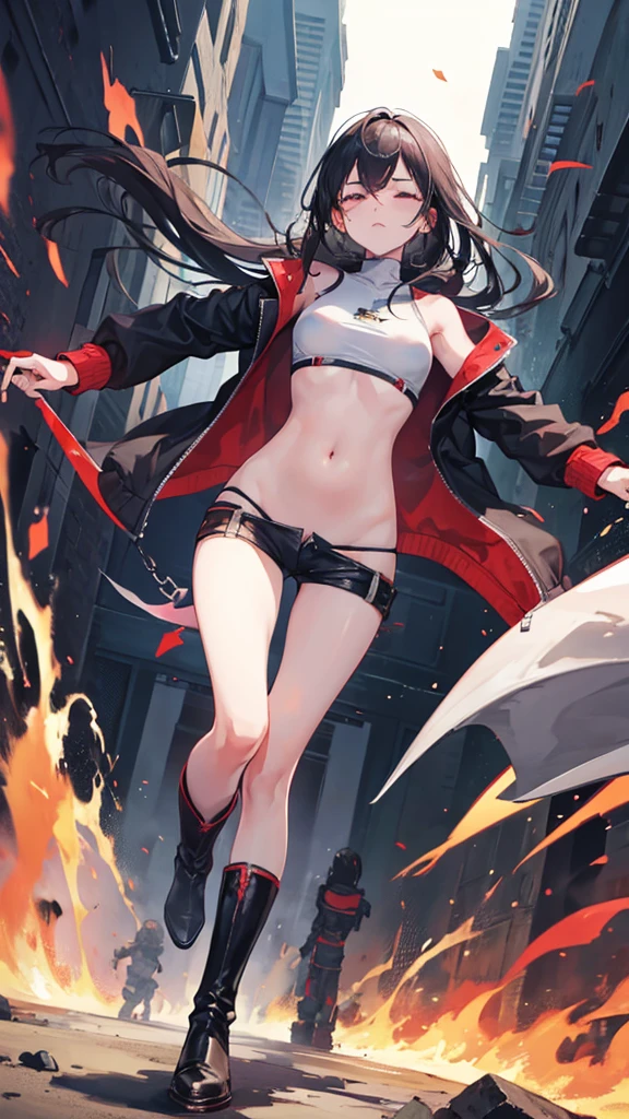 Girl, Navel exposed, Wearing calf-length socks and boots, Holding a sword, Being attacked by enemies, He closes his eyes in pain and cries, Wearing a jacket