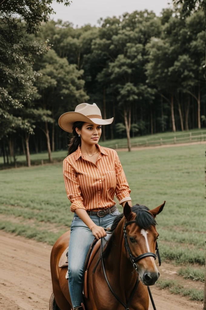 woman riding horse,Put on a hat.,Orange striped shirt