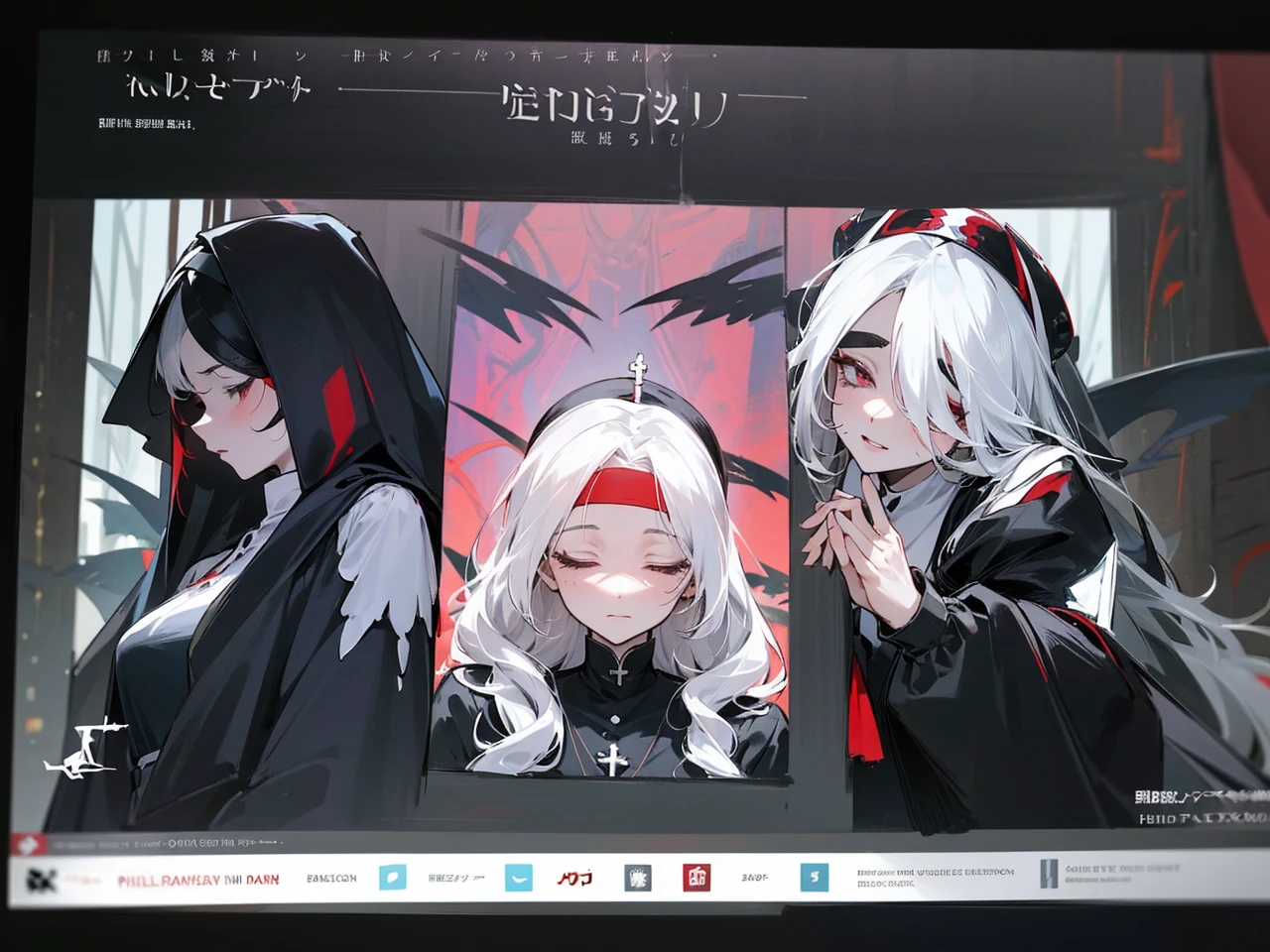 Make an anime poster, has 4 women in it, on the left side a classy dressed beauty with only the colors red and white, has an angelic presence but a demonic personality, she wears a hat on her head and a long mature gown. On the middle, a millitary general with black and white hair, and a blindfold covering her eyes. Behind her in the back, a woman faded in the background, only her eyes red Phoenix can be seen. Finally at the very right side a nun with a blindfold and a church nun fantasy black dress, holding her hands together symbolizing a prayer gesture.