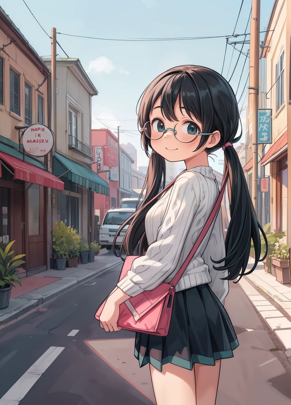 (masterpiece、Highest quality、Highest quality、Official Art、Beautiful and beautiful:1.2)、(One girl:1.3)Hatsune Miku、Twin tails,Beautiful breasts,Highest quality, Super detailed, figure,
One girl, Glasses, Black Hair, Long Hair, Happy, smile, View your viewers, Are standing, Focus Only, Ribbed sweater, skirt, Handbags,
tenkaippin, Poster (object), Outdoor, wood, road, swoodt, shop, sign, shop頭, lanthanum, building, paper lanthanum, banner, paved, Real-world locations, Day, plant,