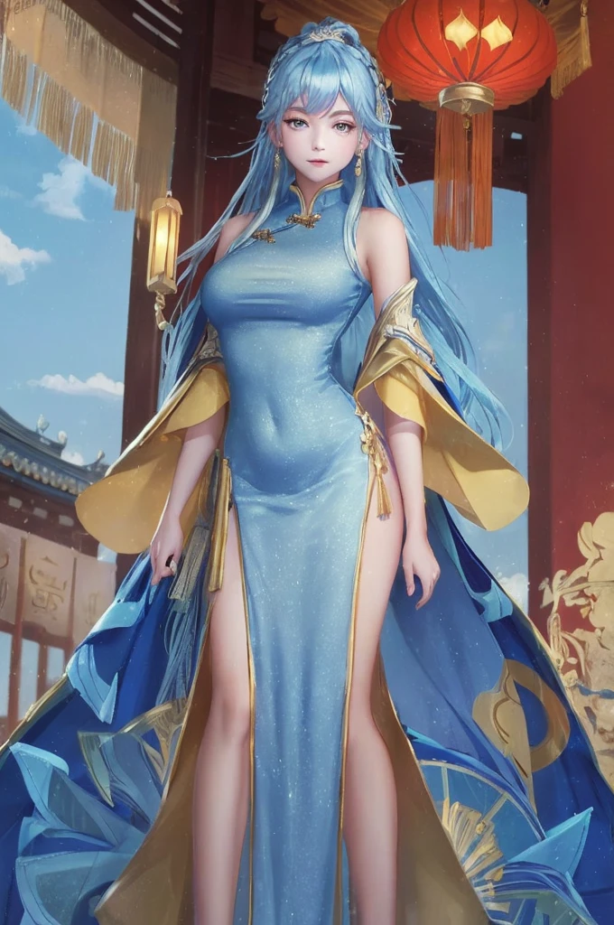 ((big breasts)), 1girl, solo, long hair, looking at viewer, hair ornament, big breasts and exposed breasts, dress, bare shoulders, closed mouth, blue hair, yellow eyes, braid, artist name, a slim navel, blue dress, chinese clothes, china dress, light blue hair,, Jordyn Huitema, (masterpiece,best quality:1.5), (masterpiece,best quality:1.5), Chinese imperial palace, feudal China, stand upright and relax both arms, wooden castle, lake, (lantern), sparkling, (masterpiece,best quality:1.5), (masterpiece,best quality:1.5)
