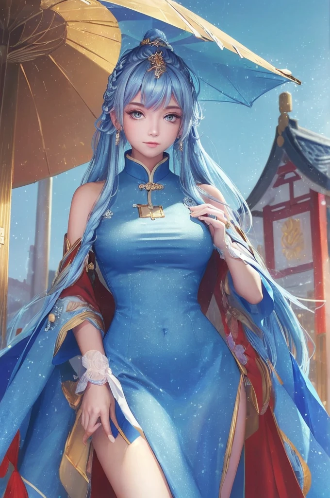 ((big breasts)), 1girl, solo, long hair, looking at viewer, hair ornament, big breasts and exposed breasts, dress, bare shoulders, closed mouth, blue hair, yellow eyes, braid, artist name, a slim navel, blue dress, chinese clothes, china dress, light blue hair,, Jordyn Huitema, (masterpiece,best quality:1.5), (masterpiece,best quality:1.5), Chinese imperial palace, feudal China, stand upright and relax both arms, wooden castle, lake, (lantern), sparkling, (masterpiece,best quality:1.5), (masterpiece,best quality:1.5)
