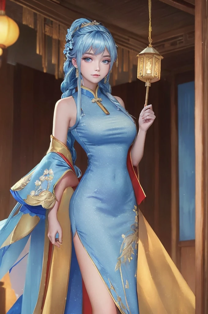 ((big breasts)), 1girl, solo, long hair, looking at viewer, hair ornament, big breasts and exposed breasts, dress, bare shoulders, closed mouth, blue hair, yellow eyes, braid, artist name, a slim navel, blue dress, chinese clothes, china dress, light blue hair,, Jordyn Huitema, (masterpiece,best quality:1.5), (masterpiece,best quality:1.5), Chinese imperial palace, feudal China, stand upright and relax both arms, wooden castle, lake, (lantern), sparkling, (masterpiece,best quality:1.5), (masterpiece,best quality:1.5)
