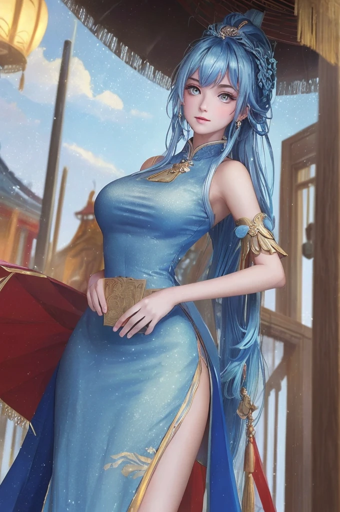 ((big breasts)), 1girl, solo, long hair, looking at viewer, hair ornament, big breasts and exposed breasts, dress, bare shoulders, closed mouth, blue hair, yellow eyes, braid, artist name, a slim navel, blue dress, chinese clothes, china dress, light blue hair,, Jordyn Huitema, (masterpiece,best quality:1.5), (masterpiece,best quality:1.5), Chinese imperial palace, feudal China, stand upright and relax both arms, wooden castle, lake, (lantern), sparkling, (masterpiece,best quality:1.5), (masterpiece,best quality:1.5)