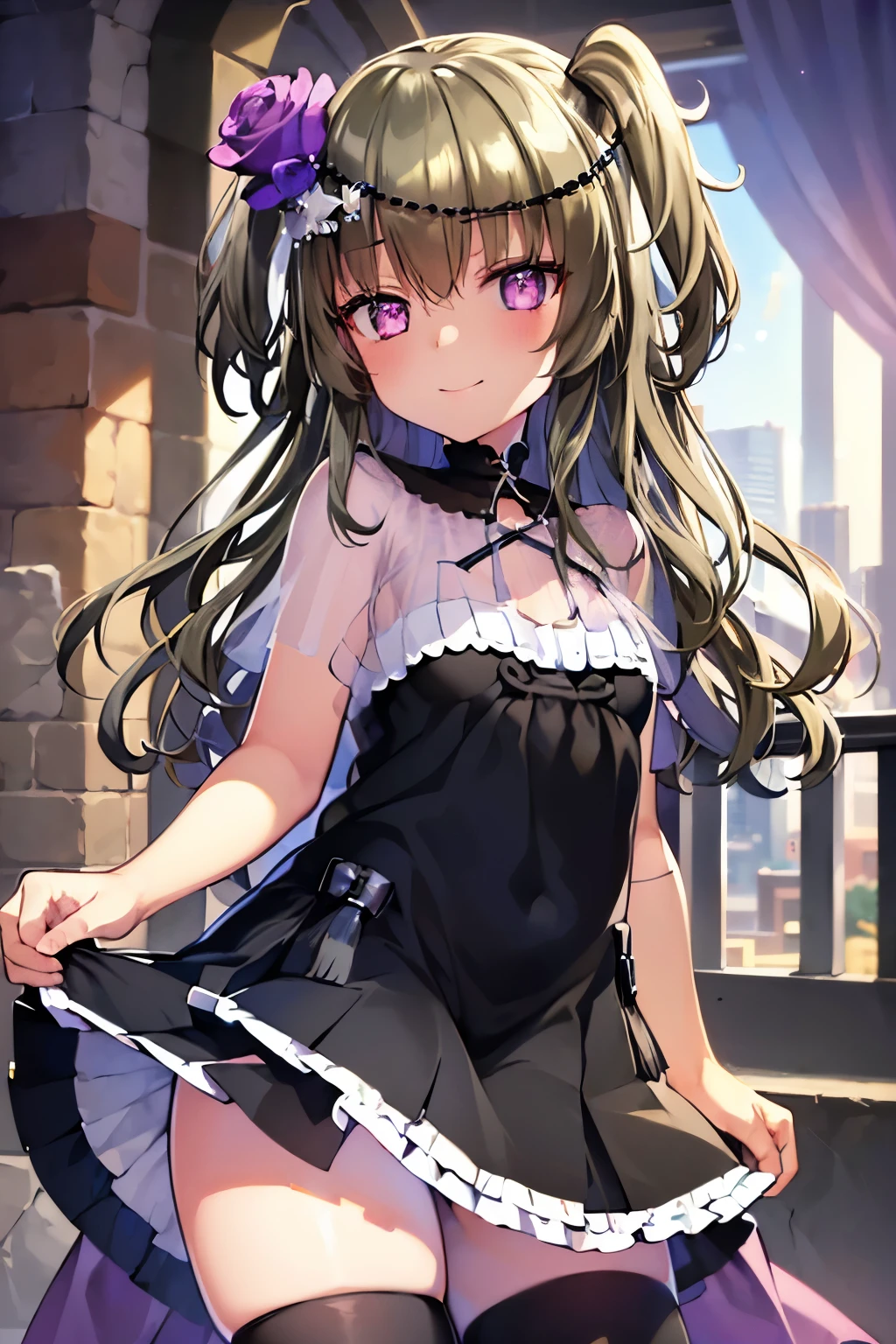 (masterpiece: 1.2, Highest quality), (Beautiful eyes with attention to detail: 1.2), (Highly detailed CG Unity 8k wallpaper, masterpiece, Highest quality, Super detailed, Best Shadow), (Detailed Background), (Beautifully detailed face, Beautiful attention to detail), High Contrast, (Best lighting, Very delicate and beautiful), One girl, Low - Angle, Beautiful shiny details, dark grey HAIR, detailed sparkling and brilliant purple eyes, When observing the audience, One Girl, Night view of skyscrapers, Crouching, Himari Mei, , flat chest, {{{nsfw}}}, black short dress, thighhigh sox, hold legs up, short skirt, skirt lift, cute and shy smile, voluptuous thighs, spread legs