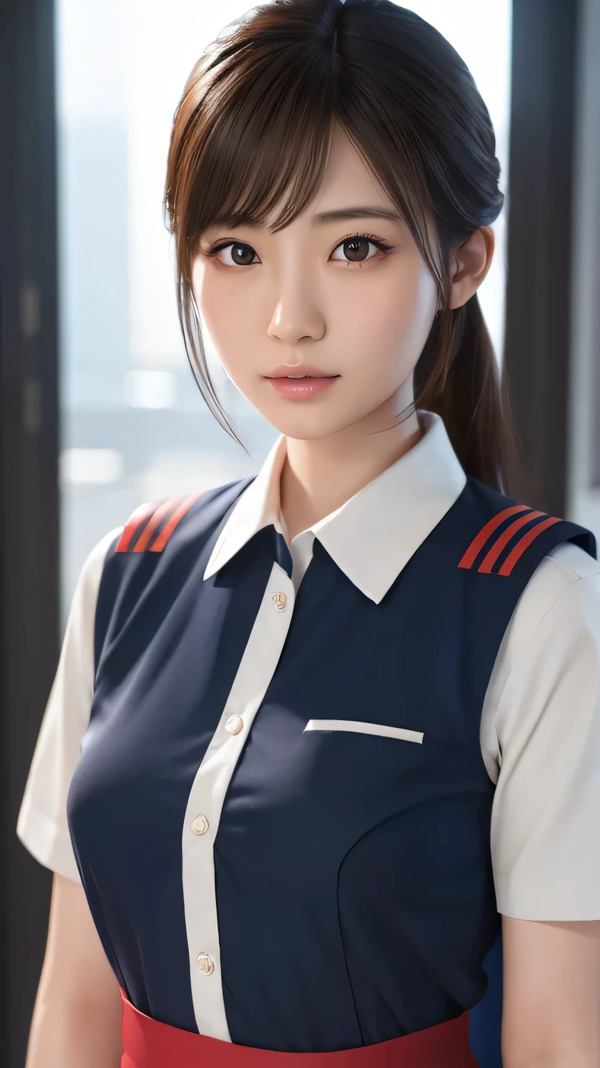 A beautiful young Japanese woman, around 20 years old, wearing a stewardess uniform, ultra-detailed, 8K resolution, highly realistic, cinematic lighting, best quality, masterpiece, photorealistic, physically-based rendering, extremely detailed, vivid colors, professional, sharp focus, studio lighting