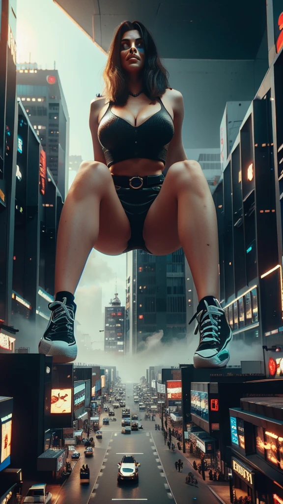 A giant woman in a lying on top of a cyberpunk city, Wear short skirts,Little guys running around the giant girl.