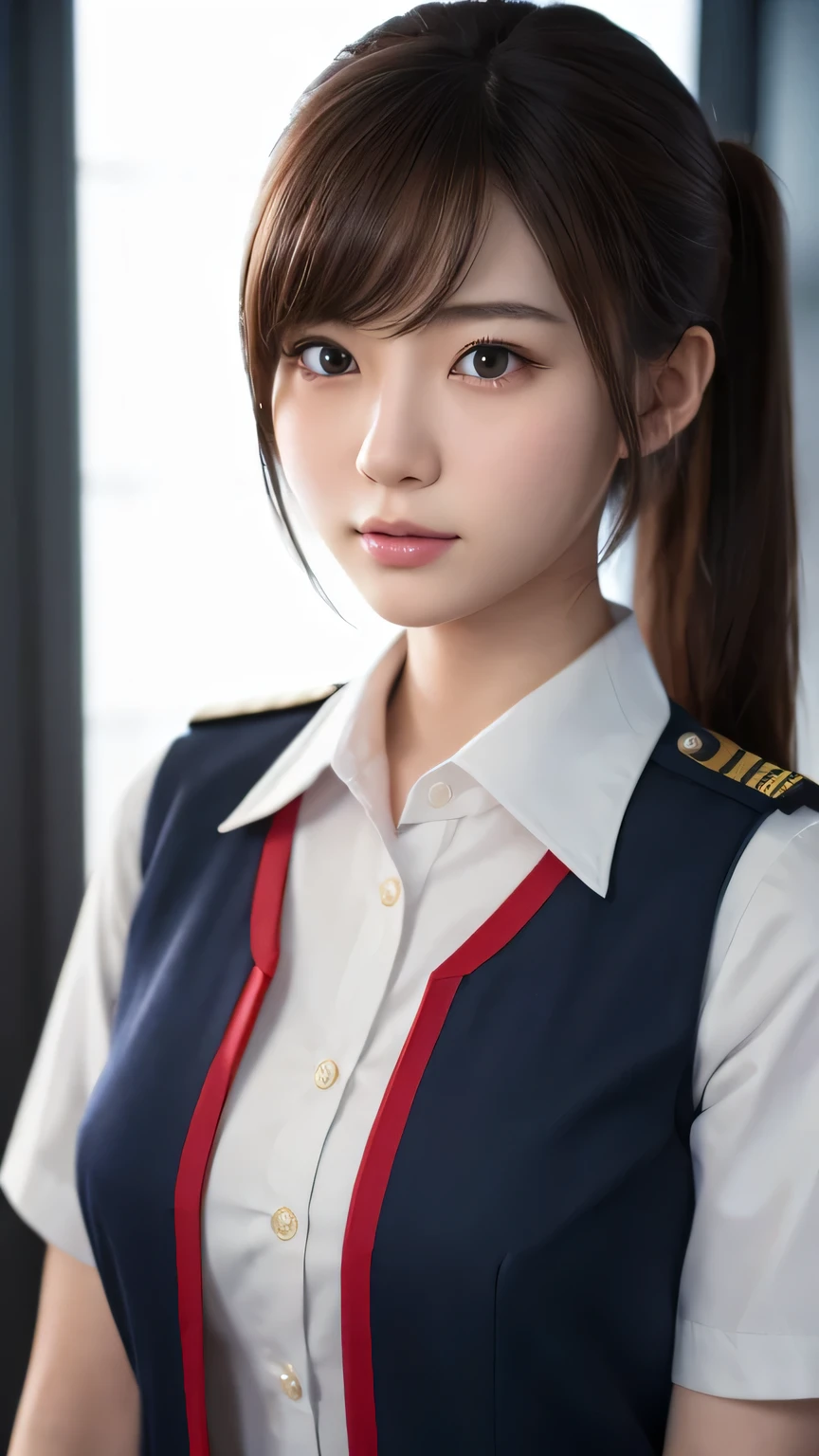 A beautiful young Japanese woman, around 20 years old, wearing a stewardess uniform, ultra-detailed, 8K resolution, highly realistic, cinematic lighting, best quality, masterpiece, photorealistic, physically-based rendering, extremely detailed, vivid colors, professional, sharp focus, studio lighting
