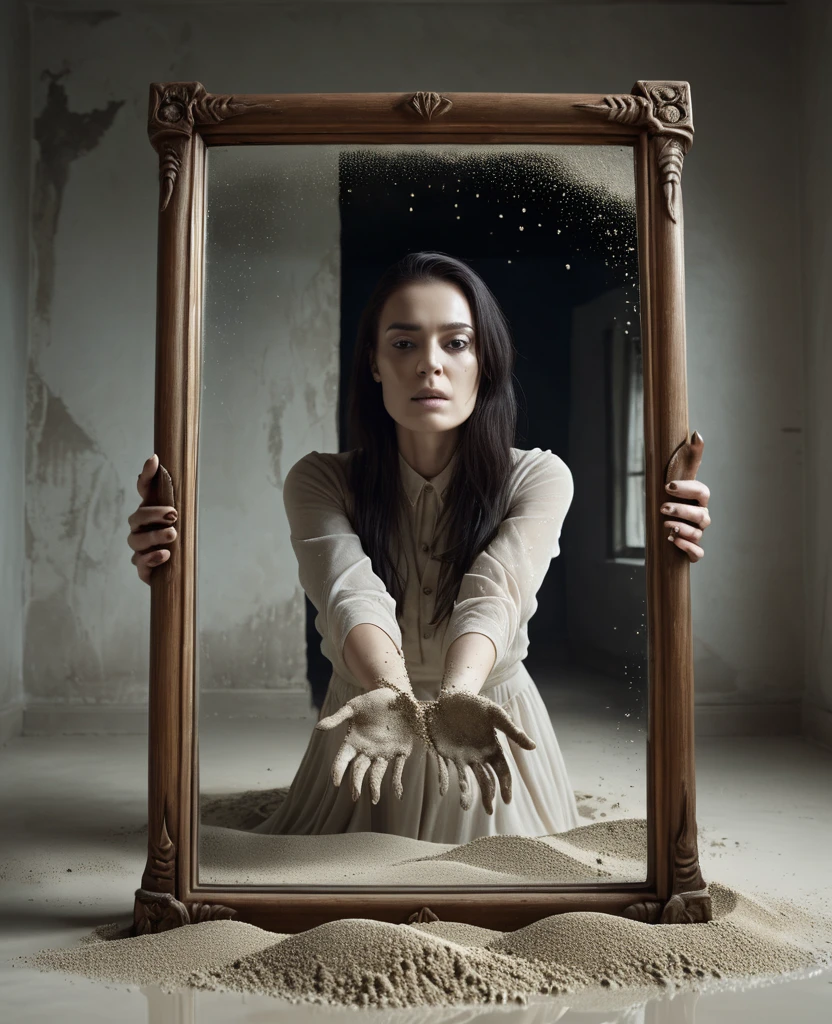 Reflection in a broken mirror,
an hourglass running backwards, creepy woman in the mirror reaches out with skeletonized hands, grotesque sand particles floating upwards, minimalist horror film, sand particles floating upwards, minimalist horror film, practical effects