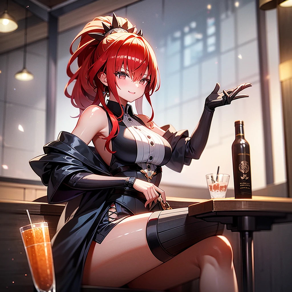 liquor, Woman sitting at a bar drinking a cocktail, 背景の棚には多彩な色のliquor瓶が並んでいる, Quiet bar, Calm expression, Perfect hands, elder, Red Hair, The dignity of a 50-year-old, ほろ酔いのwoman, solo、(Highly detailed background:1.0)、(Highly detailed background:1.0)、masterpiece、Highest quality、(Babes)、Fractal Art、Red eyes、Narrow eyes、Black and red dress, Reddish lips、From the shoulders up、smile、One Woman、Red long ponytail, Curly Hair, Red eyes,Golden accessories, solo, Big Breasts, woman, Take-out, Provocative laughter,40 year old woman,Queen of Sadism, Highly detailed background, Perfect Human Medicine, Sweat,