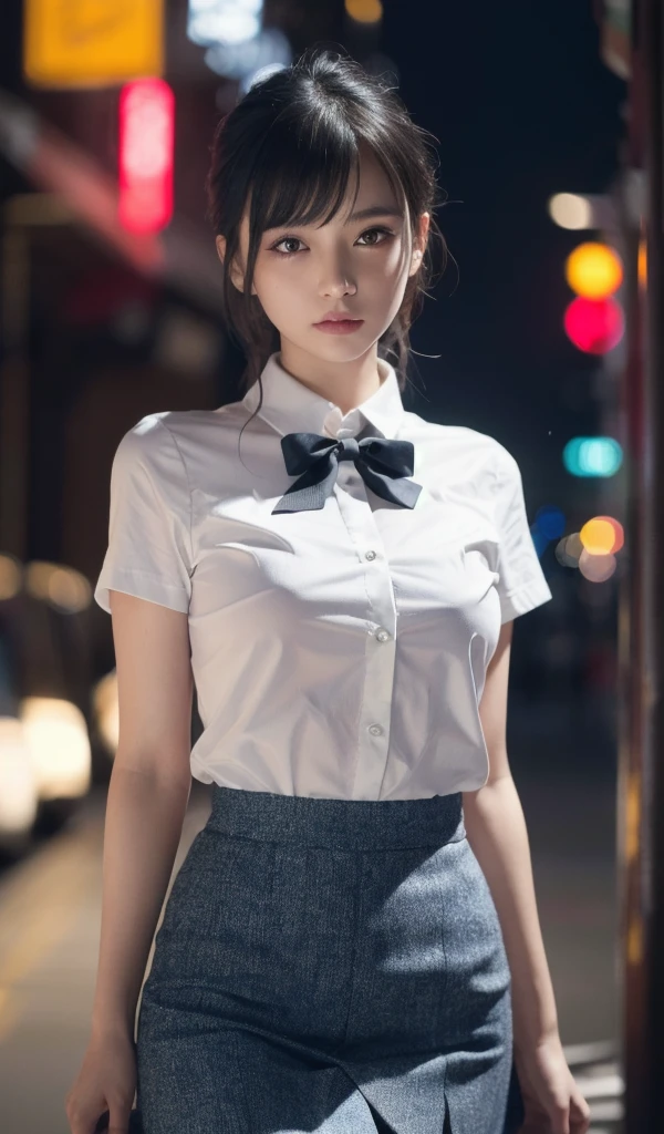 (8K, RAW photo, Best Quality, Masterpiece: 1.2), (Realistic, Photorealistic: 1.37), Ultra HD, 1 girl, Cute, Solo, Beautiful sky, Detailed cafe, Night, Sitting, date, (nose lip), (smile: 1.1), (closed), medium breasts, beautiful eyes, (collared shirt: 1.1), bow tie, pleated skirt, (short hair: 1.2), floating hair