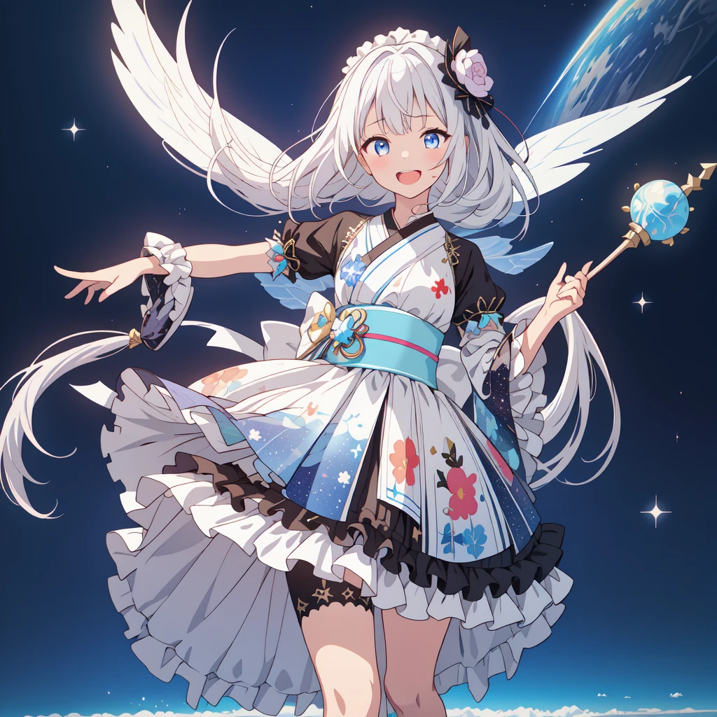1GIRL,Star Fairy、(masterpiece, Highest quality), One girl, 「Beautifully printed galaxy patterned kimono and gothic lolita outfits.、Space Pattern Ruffle Box Pleated tand in front of the audience、Knee-high boots、Captivating eyes、Perfect and amazing face、Exquisite detail、Clear images、Highest quality。」Milky white and blue gradient long straight hair、smile、Laughing happily、A giant stick is pointing to the left