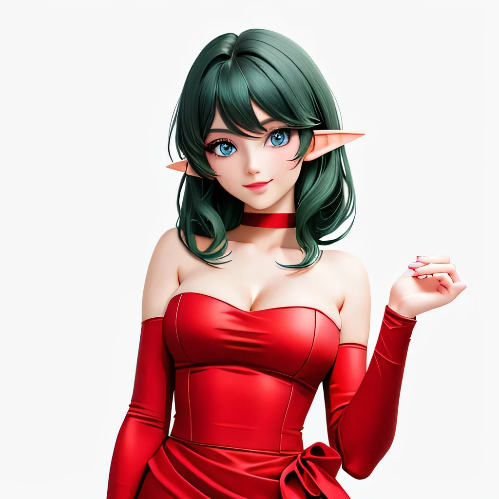 (masterpiece,best quality,Very delicate,Perfect Face,16k,high resolution,very beautiful girl),Medium short deep green hair:1.2, Red strapless bodycon tube dress ,Red long arm sleeves,Elf Girl,((gigantic Breasts)),blue eyes,Beautiful smile,20 years old,hands on own breasts