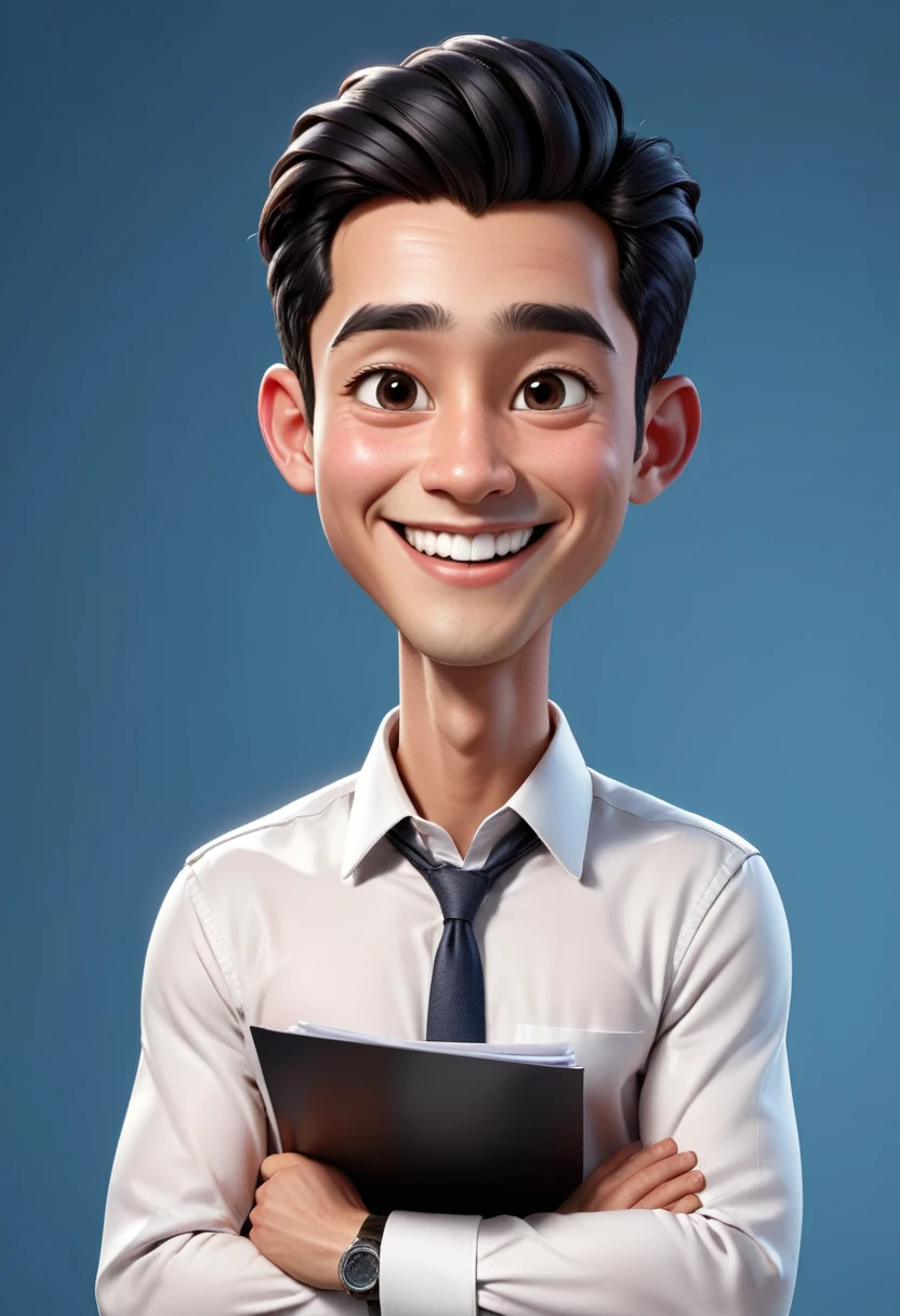 Create a 3D animation of a big-headed cartoon caricature. a 17 year old Indonesian woman. She has charming long straight black hair. His face is oval with smooth lines, thick and neat black eyebrows, normal eyes, a big nose, and thin lips with a wide, friendly smile. He wore a white shirt and carried a document in his hand. Gradient blue background with professional lighting. masterpiece, top quality, highly detailed skin and face, ultra-realistic, high definition, studio lighting, sharp focus, full body visible, Concept Art, 3D rendering.