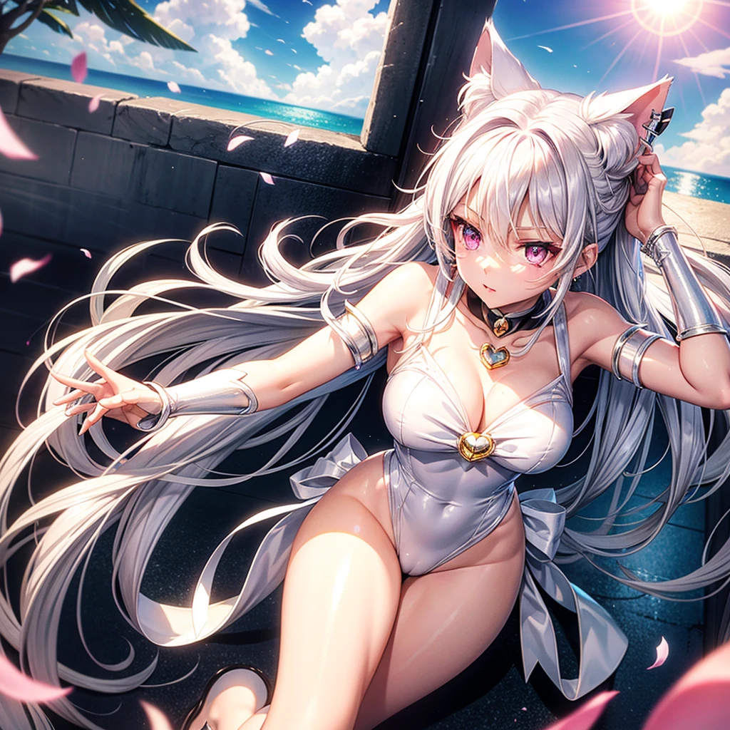 Silver hair, pink eyes, body, cat ears, sexy girl, earrings, cloud and sun background, hair bows, sailor scout