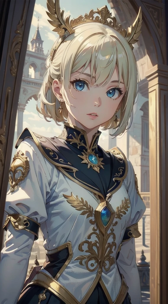 (Masterpiece, Best quality, Upper body:1.4), 1 Girl, (Close-up:1.1), Sublime walls, Castle hall, blue eyes, 8K, RAW photos, absurd, Fractal, Perspective, Depth of Field, High-density imaging review, Sharp focus, A high resolution, Photography, Realistic, Highest detail, extreme detailed details, Ultra-detailed, Fine details, IvoryGoldAI