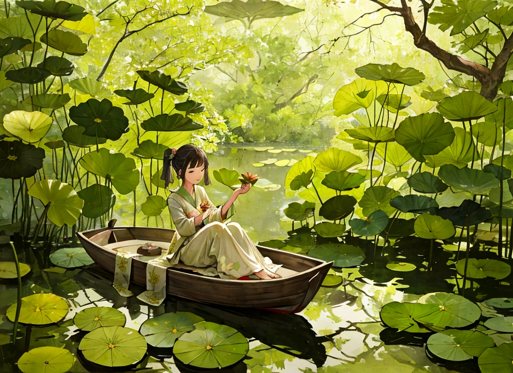 In a tranquil lotus pond, a girl sat in a small boat, gently picking lotus flowers. The pond was filled with lush green leaves and vibrant blossoms. Sunlight filtered through the leaves, casting a gentle, golden glow over the scene.
