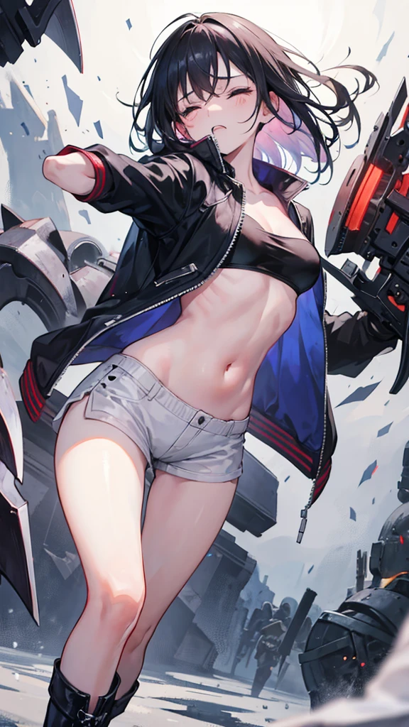 Girl, Thin legs, Navel exposed, Wearing boots, Being attacked by enemies, He closes his eyes in pain and cries, Wearing a jacket