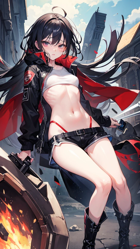 Girl, Thin legs, Navel exposed, Wearing boots, Being attacked by enemies, He closes his eyes in pain and cries, Wearing a jacket