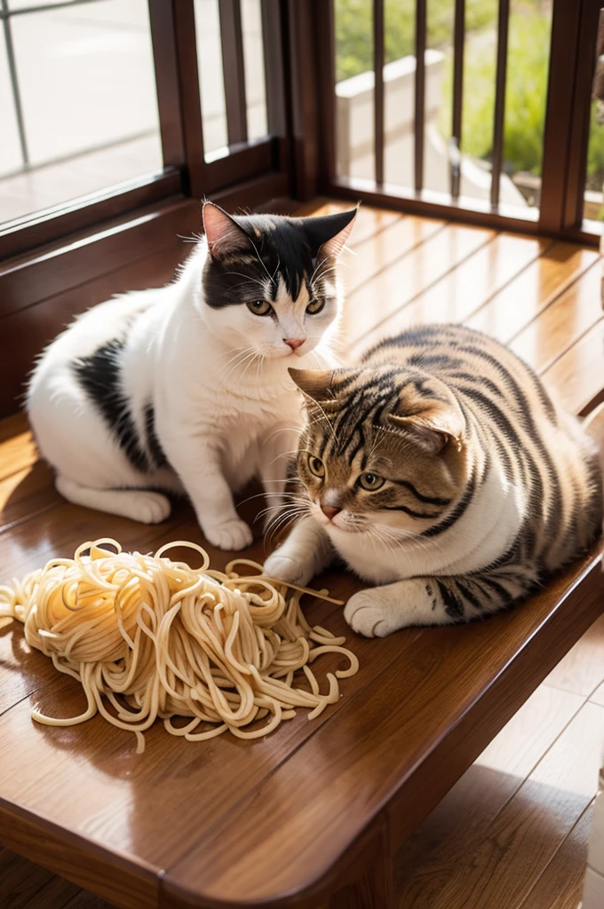 A fat cat eating noodles
