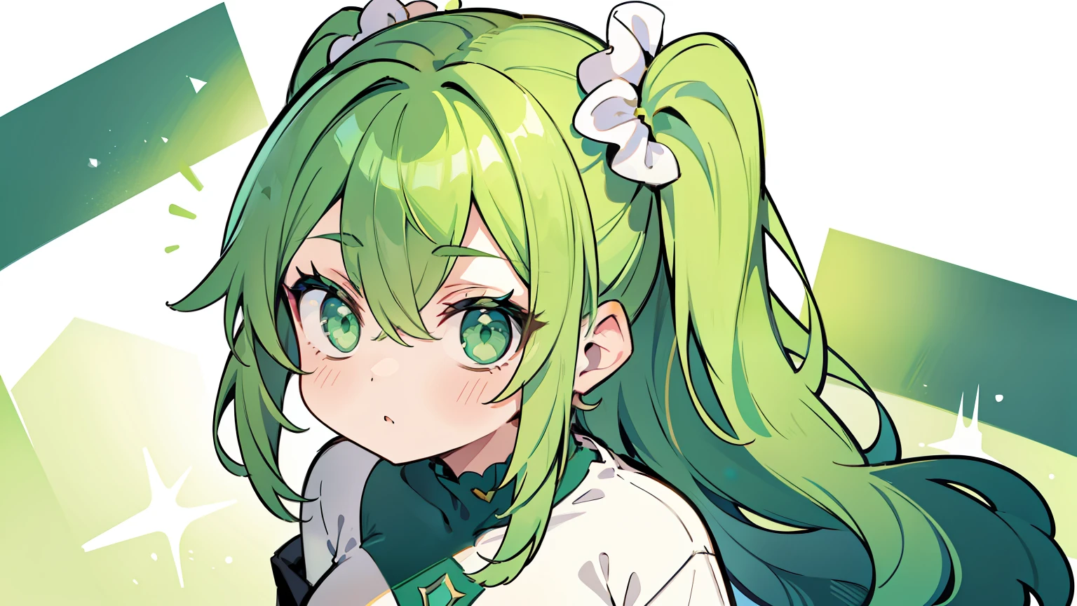 masterpiece, beautiful detailed, {wearing Oversized T-shirt}, green theme, green Eyes, green hair, one side up, 1girl, looking at viewer, looking ahead, from above, medium breasts, hair scrunchie, {{{{{Alphonse Mucha}}}}},{{{bold outline}}}, limited palette