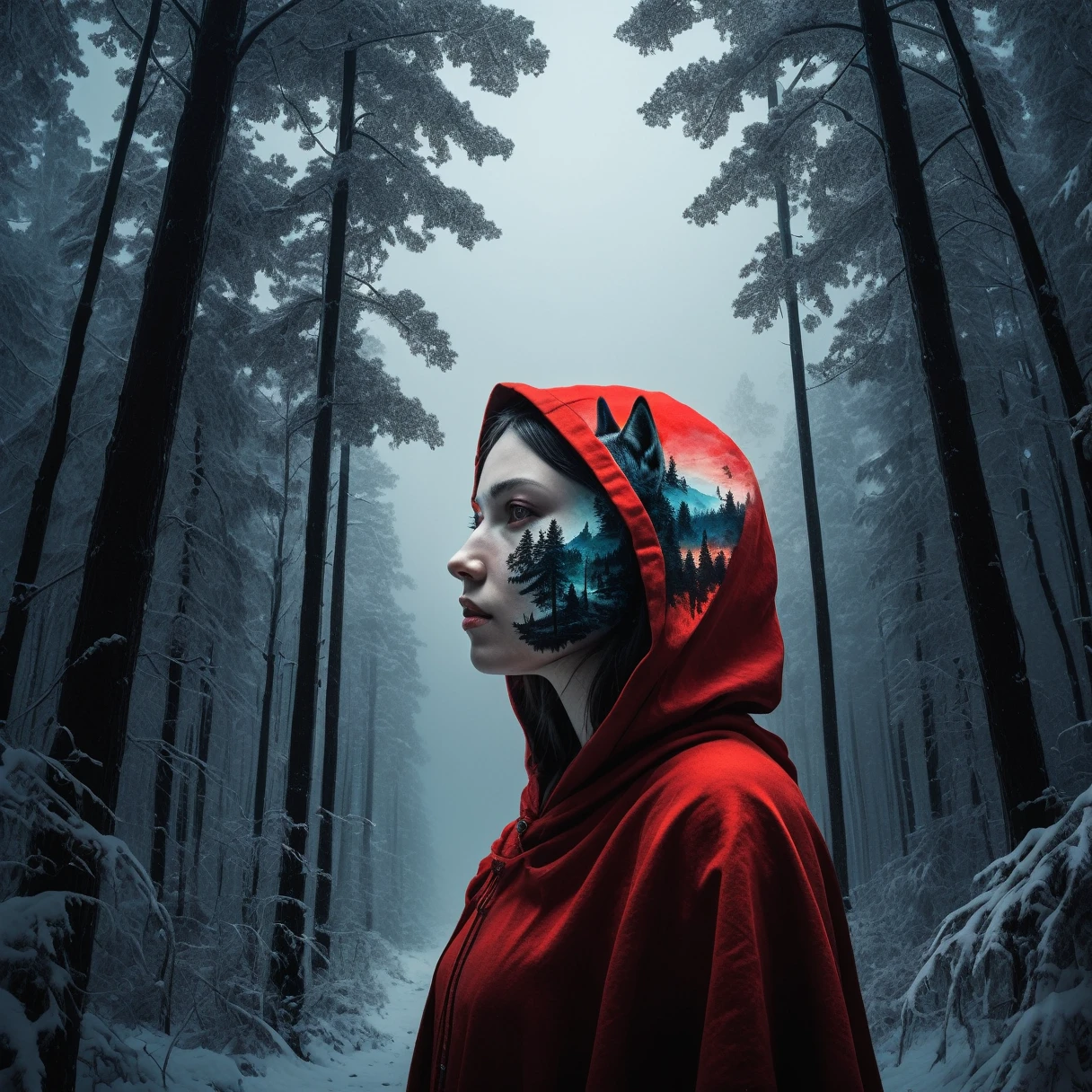 (Double exposure:1.3) effect of Little Red Riding Hood and the Wolf silhouette, superimposed against dark forest sky by Conrad Roset, Brandon Kidwell, Andreas Lie, Dan Mountford, Agnes Cecile, Jeremy Mann, oil and ink canvas, fine art, super dramatic light, photoillustration, amazing depth, hyperdetailed, iridescent red, redundant dreams, intricate detailed, amazing depth, stunning atmosphere, mesmerizing whimsical vibrant scenery, maximalism (Beautiful Outside, Ugly Inside, Stress and Pain, Beauty and Despair, Hard and Soft, Positive and Negative, Hot and Cold, Sweet and Sour, Vibrant and Dull, Perfect Harmony, Light and Dark, Hot and Cold, Old and Young, Fire and Ice, Yin and Yang, Opposites, Black and white, Hot and Cold, Organic and Mechanical, Corresponding colors, Loud and Quiet, Chaos and Peace, Night and Day:1.2) complex masterwork by head of prompt engineering