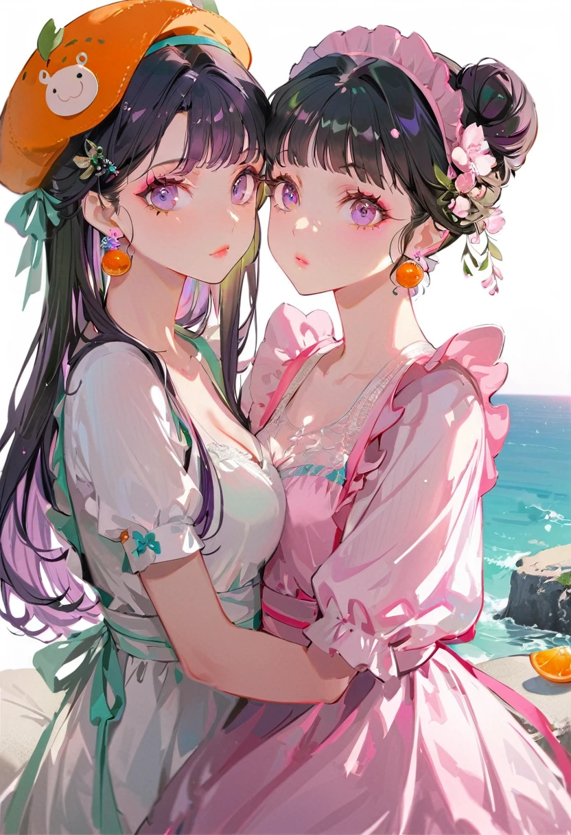(Maid:1.5),(最高quality,Super detailed,High resolution:1.2),Purple hair girl painting、Glass mandarin orange earrings decorate both ears、One of them has ocean pink purple eyes、One of them has ocean pink red eyes、One has short red hair、((Two beautiful girls with perfect faces)),((Two girls))、One of them is wearing a crab hat、One of them is wearing a tangerine hat.、very_Long eyelashes, Detailed lips, A radiant smile, Holding hands、Soft Skin, Shiny Hair,Vibrant Background, Natural light,The cutest girl in the world,Exquisite makeup,Pouting、((Hugging on a cushion))、Sit down, long hair、Bun hairstyle Beautiful, translucent white skin、Wet purple dress、Pink underwear is visible、Pink bra is visible through、Pink pants show through、quality\(8K,非常に精細なCGユニットのwallpaper, masterpiece,High resolution,top-quality,top-quality real texture skin,Super two-dimensional,Increase the resolution,RAW Photos,最高quality,Very detailed,wallpaper,Ray-tracing,Golden Ratio\),[Browsing Caution]