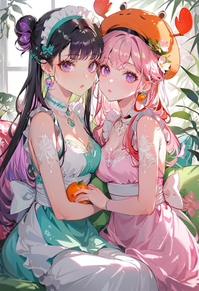 (Maid:1.5),(最高quality,Super detailed,High resolution:1.2),Purple hair girl painting、Glass mandarin orange earrings decorate both ears、One of them has ocean pink purple eyes、One of them has ocean pink red eyes、One has short red hair、((Two beautiful girls with perfect faces)),((Two girls))、One of them is wearing a crab hat、One of them is wearing a tangerine hat.、very_Long eyelashes, Detailed lips, A radiant smile, Holding hands、Soft Skin, Shiny Hair,Vibrant Background, Natural light,The cutest girl in the world,Exquisite makeup,Pouting、((Hugging on a cushion))、Sit down, long hair、Bun hairstyle Beautiful, translucent white skin、Wet purple dress、Pink underwear is visible、Pink bra is visible through、Pink pants show through、quality\(8K,非常に精細なCGユニットのwallpaper, masterpiece,High resolution,top-quality,top-quality real texture skin,Super two-dimensional,Increase the resolution,RAW Photos,最高quality,Very detailed,wallpaper,Ray-tracing,Golden Ratio\),[Browsing Caution]