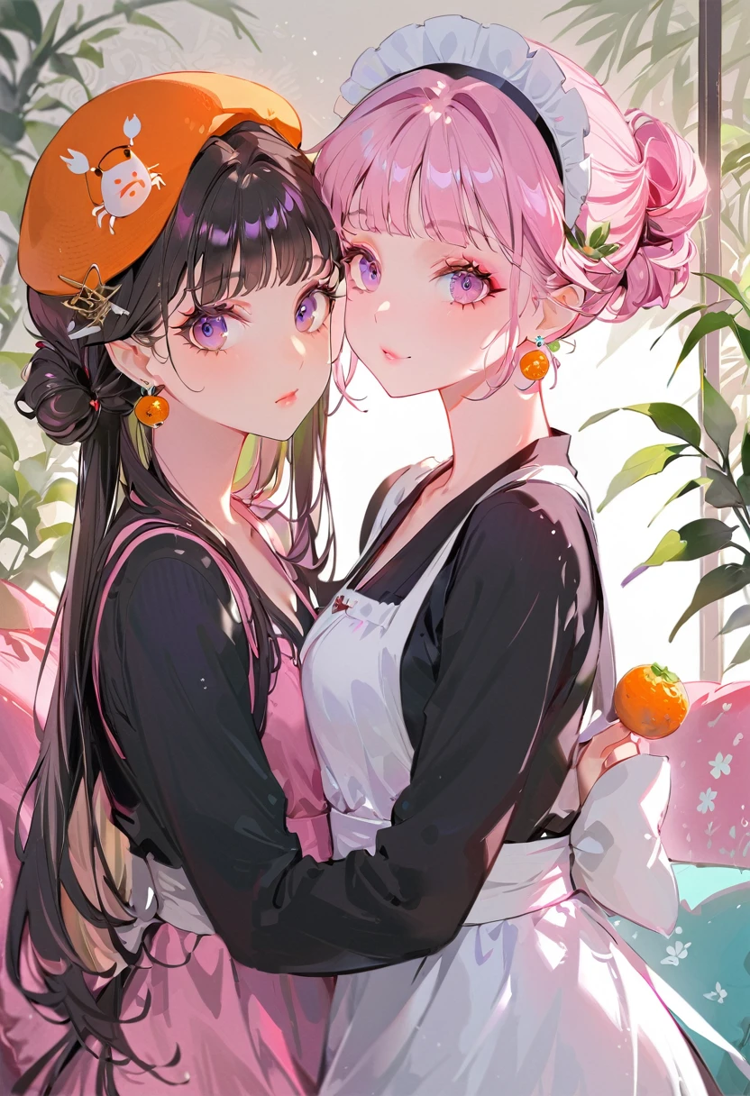 (Maid:1.5),(最高quality,Super detailed,High resolution:1.2),Purple hair girl painting、Glass mandarin orange earrings decorate both ears、One of them has ocean pink purple eyes、One of them has ocean pink red eyes、One has short red hair、((Two beautiful girls with perfect faces)),((Two girls))、One of them is wearing a crab hat、One of them is wearing a tangerine hat.、very_Long eyelashes, Detailed lips, A radiant smile, Holding hands、Soft Skin, Shiny Hair,Vibrant Background, Natural light,The cutest girl in the world,Exquisite makeup,Pouting、((Hugging on a cushion))、Sit down, long hair、Bun hairstyle Beautiful, translucent white skin、Wet purple dress、Pink underwear is visible、Pink bra is visible through、Pink pants show through、quality\(8K,非常に精細なCGユニットのwallpaper, masterpiece,High resolution,top-quality,top-quality real texture skin,Super two-dimensional,Increase the resolution,RAW Photos,最高quality,Very detailed,wallpaper,Ray-tracing,Golden Ratio\),[Browsing Caution]