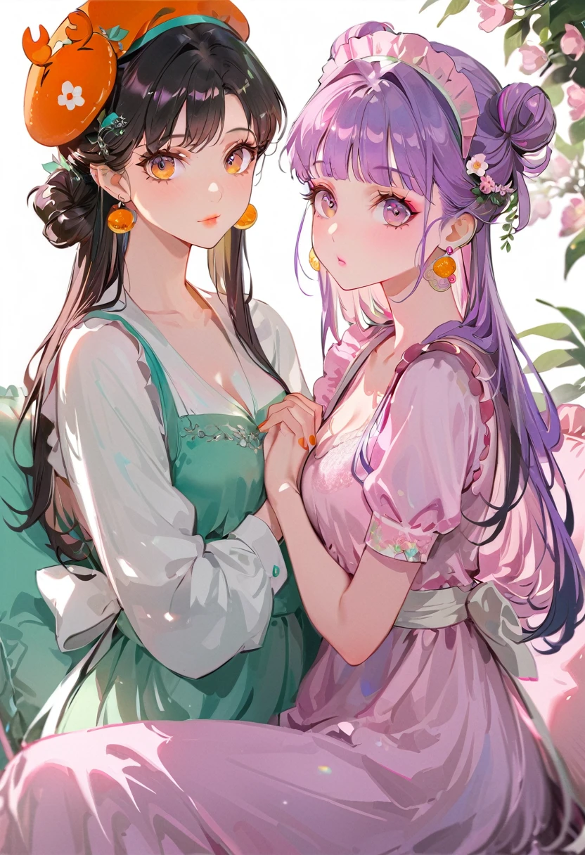 (Maid:1.5),(最高quality,Super detailed,High resolution:1.2),Purple hair girl painting、Glass mandarin orange earrings decorate both ears、One of them has ocean pink purple eyes、One of them has ocean pink red eyes、One has short red hair、((Two beautiful girls with perfect faces)),((Two girls))、One of them is wearing a crab hat、One of them is wearing a tangerine hat.、very_Long eyelashes, Detailed lips, A radiant smile, Holding hands、Soft Skin, Shiny Hair,Vibrant Background, Natural light,The cutest girl in the world,Exquisite makeup,Pouting、((Hugging on a cushion))、Sit down, long hair、Bun hairstyle Beautiful, translucent white skin、Wet purple dress、Pink underwear is visible、Pink bra is visible through、Pink pants show through、quality\(8K,非常に精細なCGユニットのwallpaper, masterpiece,High resolution,top-quality,top-quality real texture skin,Super two-dimensional,Increase the resolution,RAW Photos,最高quality,Very detailed,wallpaper,Ray-tracing,Golden Ratio\),[Browsing Caution]
