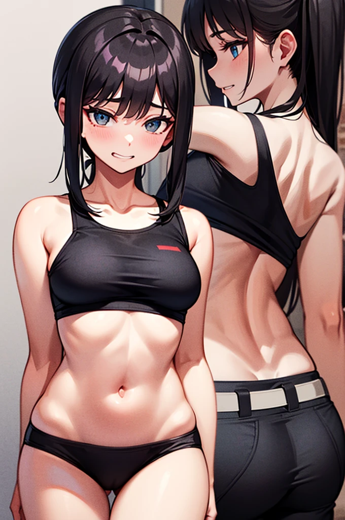 A very young hot Japanese y wears a tight gym shorts and an oversized, baggy blackt-shirt that reveals a good portion of her flat, toned stomach. Perfect nice well formed and peaky Breasts. The shirt is so loose that it hangs off one shoulder, revealing a smooth, white shoulder, a clear example of underboobs. The woman's body is slim and athletic, with toned arms and legs, and thin thighs. Her very long dark hair is straight but elegant, falling down her back. She has a mischievous grin on her face, and her clear skyblue eyes sparkle with amusement. In the background is a plain white wall, providing a simple but effective contrast to her vibrant appearance. The woman stands confidently and watching down to the watcher to show off her overshirt and underboobs. sexy and horny