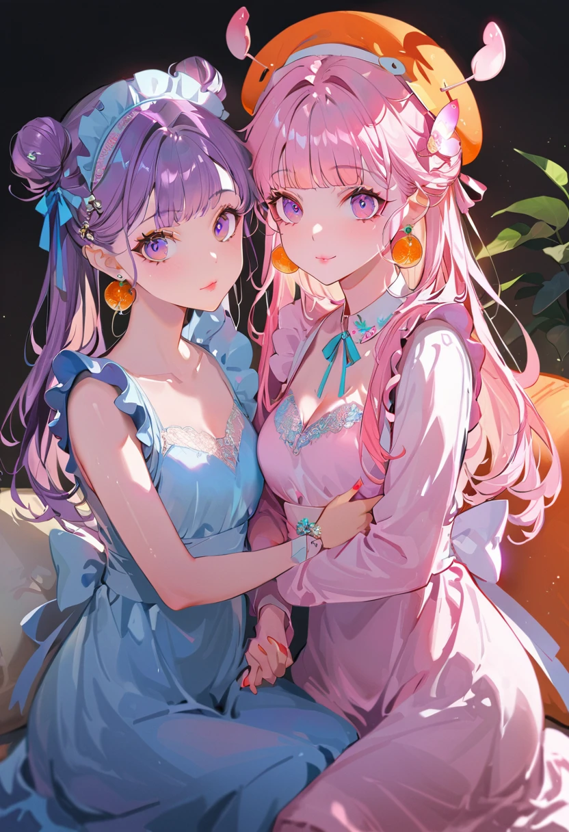 (Maid:1.5),(最高quality,Super detailed,High resolution:1.2),Purple hair girl painting、Glass mandarin orange earrings decorate both ears、One of them has ocean pink purple eyes、One of them has ocean pink red eyes、One has short red hair、((Two beautiful girls with perfect faces)),((Two girls))、One of them is wearing a crab hat、One of them is wearing a tangerine hat.、very_Long eyelashes, Detailed lips, A radiant smile, Holding hands、Soft Skin, Shiny Hair,Vibrant Background, Natural light,The cutest girl in the world,Exquisite makeup,Pouting、((Hugging on a cushion))、Sit down, long hair、Bun hairstyle Beautiful, translucent white skin、Wet purple dress、Pink underwear is visible、Pink bra is visible through、Pink pants show through、quality\(8K,非常に精細なCGユニットのwallpaper, masterpiece,High resolution,top-quality,top-quality real texture skin,Super two-dimensional,Increase the resolution,RAW Photos,最高quality,Very detailed,wallpaper,Ray-tracing,Golden Ratio\),[Browsing Caution]