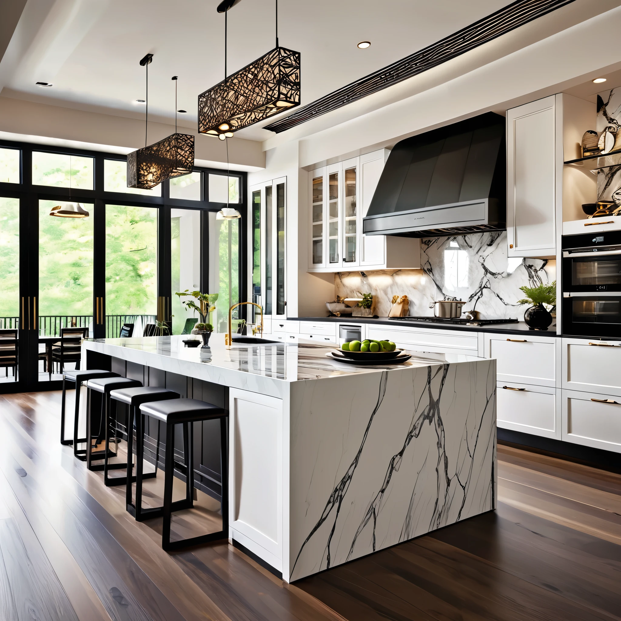 Design a modern and luxurious kitchen with a minimalist aesthetic. The kitchen features sleek white cabinets and black countertops, with multiple islands for additional workspace and seating. The floor is made of high-quality marble with intricate patterns, adding elegance to the space. The room is illuminated by unique hanging pendant lights and integrated LED lighting under the cabinets and islands. Ensure the kitchen includes state-of-the-art appliances and a functional layout, creating a bright, clean, and sophisticated atmosphere.