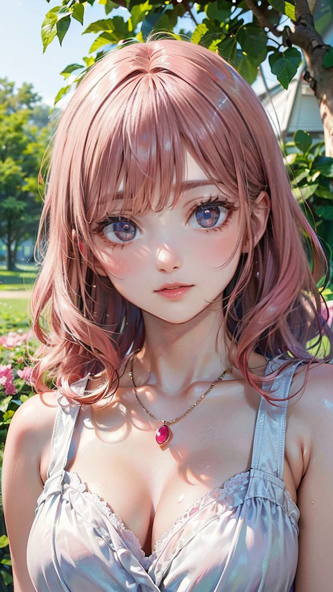 (Masterpiece, BestQuality:1.3), (ultra detailed:1.2), (hyperrealistic:1.3), (RAW photo:1.2), High detail RAW color photo, professional photograph, (Photorealistic:1.4), (realistic:1.4), professional lighting, perfect anatomy, (Big Breasts:1.2), (blush, detailed face), (cheerful Smile:1.5), Trending Hair&Trending Hairカラーをランダムに, earrings, necklace, bracelet, sexly, erotic sexly, Random sexy gravure poses, (A woman in a white summer dress、She is seen posing in a flower field and giving a sexy glamour shot with a happy smile.。Pink curly hair is beautiful。: 1.3)