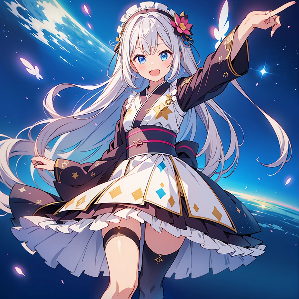 1GIRL,Star Fairy、(masterpiece, Highest quality), One girl, 「Beautifully printed galaxy patterned kimono and gothic ta outfits.、Space Pattern Ruffle Box Pleated tand in front of the audience、Knee-high boots、Captivating eyes、Perfect and amazing face、Exquisite detail、Clear images、Highest quality。」Milky white and blue gradient long straight hair、smile、Laughing happily、A giant stick is pointing to the left