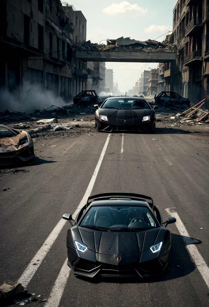Write an exhilarating tale of a daring driver behind the wheel of a black Lamborghini, navigating through a city devastated by a deadly street race. Explore the background of the driver, their exceptional driving skills, and their fearless attitude towards the dangerous race. Portray the city in ruins, with destroyed buildings, debris, and remnants of the deadly race, creating a post-apocalyptic atmosphere. Highlight the high stakes of the street race, the presence of rival drivers, and the intense competition that drives the protagonist forward."
