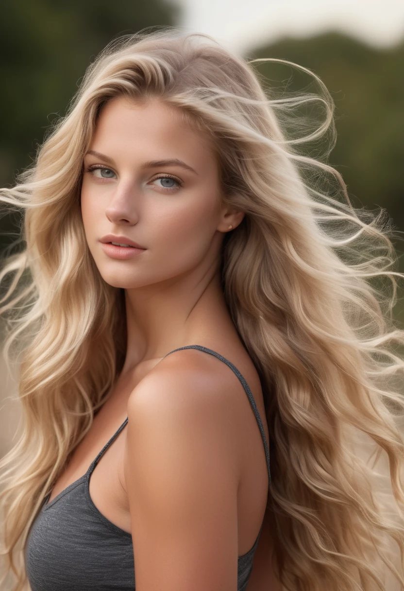 photo of a beautiful 21 years old caucasian woman, (extra long wavy blonde hair blown in the wind), outside, Award - winning photograph, Masterpiece, 8k, ultra high res, hyper detailed, perfect flawless face, rule of thirds, Realistic Perfect eyes and pupils, Perfect full lips, upturned nose, highly detailed shining hair, ((detailed facial featureinely detailed skin), tanned skin, skin pores, skin blemishes, realistic skin texture, intricate details, photorealism, hyperrealism, ultra realistic, lifelike textures, neutral colors, studio lighting, cinematic lighting, soft volumetric light on face, backlight on hair, sharp focus, wide angle, film grain, dslr, raw photo,we see her whole body and she works out