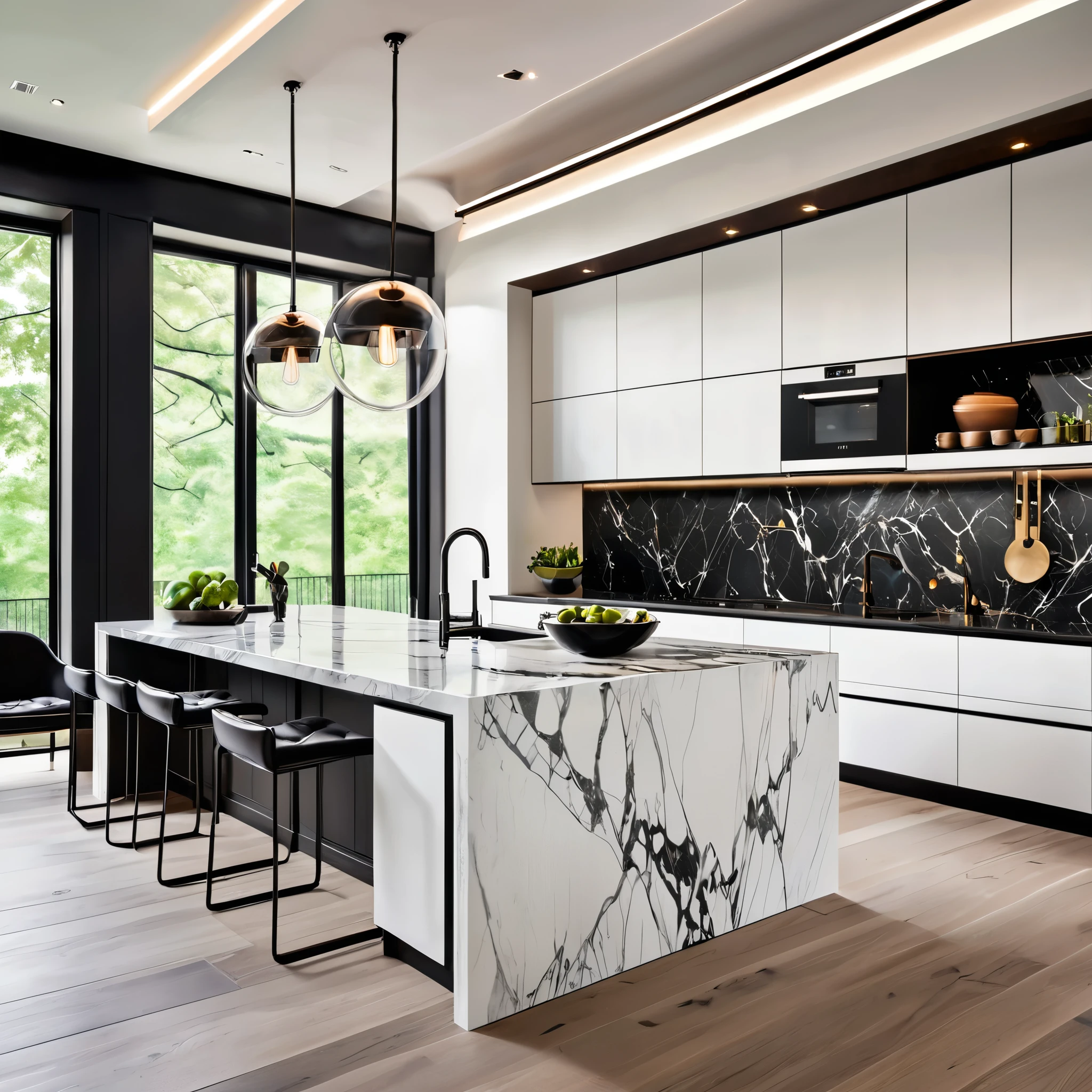 Design a modern and luxurious kitchen with a minimalist aesthetic. The kitchen features sleek white cabinets and black countertops, with multiple islands for additional workspace and seating. The floor is made of high-quality marble with intricate patterns, adding elegance to the space. The room is illuminated by unique hanging pendant lights and integrated LED lighting under the cabinets and islands. Ensure the kitchen includes state-of-the-art appliances and a functional layout, creating a bright, clean, and sophisticated atmosphere.