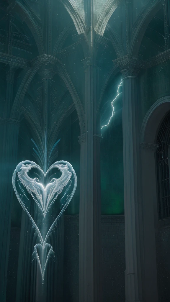 a heart with wings and a halo depicted in a building setting with a sky background. The heart is the central focus, with intricate details such as a lightning trail coming out of it. with shades of gray, blue, and green dominating the scene. The setting in a building adds a sense of contrast and mystery to the overall composition. conveys a sense of whimsy and magic, inviting viewers to contemplate the deeper meanings behind the imagery., 32k, UHD, cinematic chromatic, cinematic lighting, global illumination, chromatic light, photorealistic, ultra detailed, iluminación onírica, photorealistic , ultra photoreal