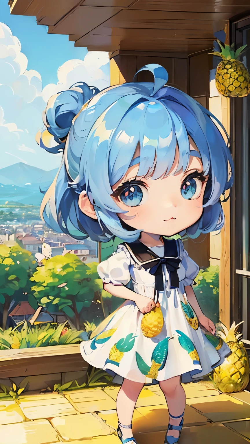((style:Colored pencil,pale colour)),(Chibi animation、One Chibi、masterpiece、Colored pencilで描かれた:1.2)、(Chibi Body、Small face、Cute all over、Light blue hair color, Short chignon hair:1.4),(Highly detailed eyes、Light blue eyes、Breast enlargement、Gloss Lip、 :3, Ahoge, Very thin legs)、(Big fresh pineapple:1.5)、(The daily life of the nobility、The best clothes for chibi characters、National costume、Dress stylishly:1.5),(Beautiful scenery in Europe、The wind is blowing、Pineapple Tower、Pineapple scene、Micro underwear accidentally seen、Hidden、Plains of the field:1.3)