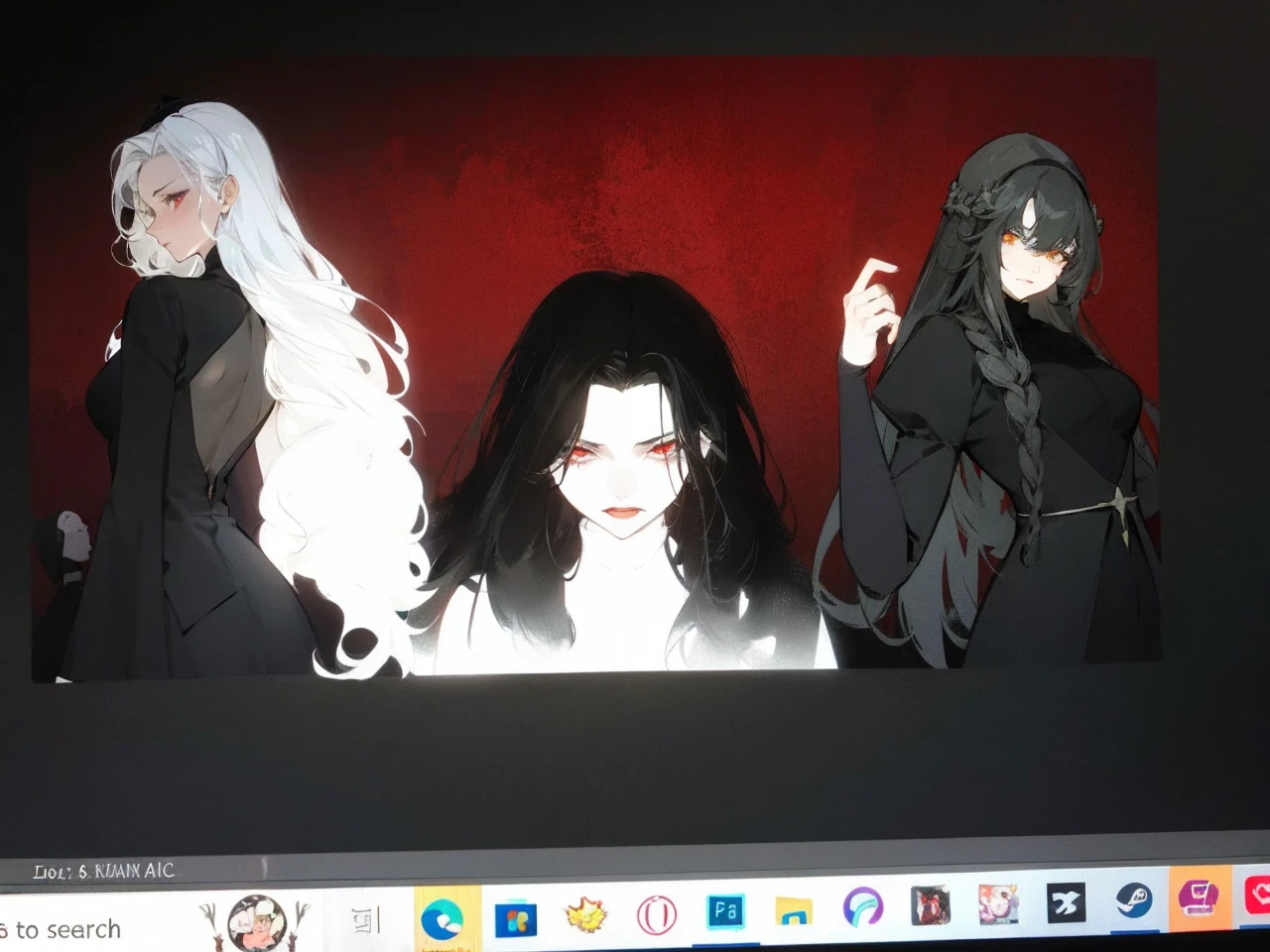 Make an anime poster, has 4 women in it, on the left side a classy dressed beauty with only the colors red and white, has an angelic presence but a demonic personality, she wears a hat on her head and a long mature gown. On the middle, a millitary general with black and white hair, and a blindfold covering her eyes. Behind her in the back, a woman faded in the background, only her eyes red Phoenix can be seen. Finally at the very right side a nun with a blindfold and a church nun fantasy black dress, holding her hands together symbolizing a prayer gesture.