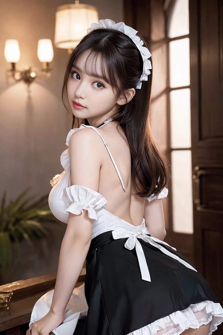 (Masterpiece: 1.3)、High resolution、Super detailed、Highly detailed CG Unity 8k wallpaper、Real、Photorealistic、RAW Photos、Beautiful detailed face、White skin、Realな輝く肌、Detailed Fabric Texture、Detailed Hair Texture、Perfect body、Beautiful Face、correct、解剖学的にcorrect、Highly detailed face and skin texture、Natural neck length、(Beautiful Hands)、(Fair skin:1.2)、Thin legs、Thin legs、BREAK、Detailed and beautiful eyes、Symmetrical eyes、Light brown eyes、double eyelid、Thin eyebrows、(Beautiful and elaborate face,Beautiful and delicate eyes((Detailed maid clothes in black and white:1.2), (large and impressive eyes, Long eyelashes), (Make eye contact with your audience:1.2), Are standing,The skirt flips up and the underwear is visible, White garter belt, Her white panties are in full view, Small Ass, Long and beautiful legs,Big Breasts, (Photographed at the palace, The palace is very bright and luxurious..), Seaweed((Show me your)), ((Stick your butt out)),