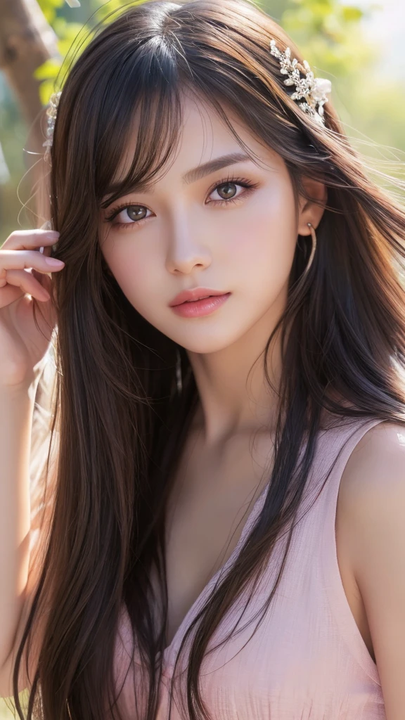 photoRealistic, Lip gloss, Painting, Realistic, Highest quality, Ultra-high resolution, depth, pastel colour, Natural Shading, Focus on the face, Face only, View your viewers, Long Hair, hair accessory, Black Hair, Brown, well-detailed eyes, dress