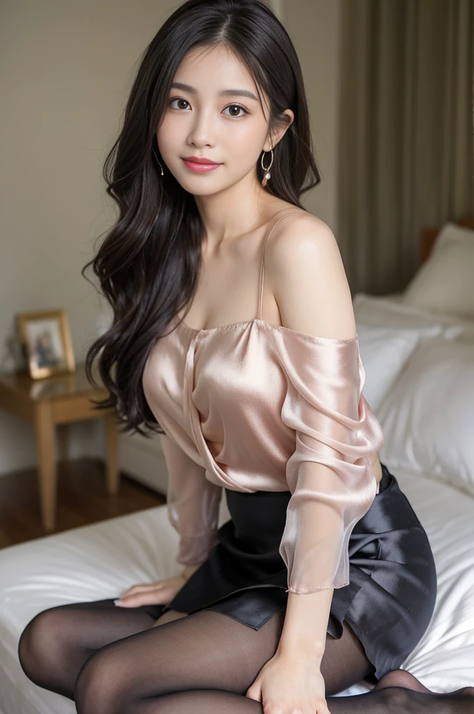 Ulchan-6500-v1.1, (Raw photo:1.2), (Photoreal), (See-through:1.3), (genuine:1.4), a girl、25 years old、 smile of shame、black semi-long hair、curly hair、pretty girl、(Elegant silk blouse:1.3), (super realistic pantyhose:1.2), (mini skirt:1.2), sitting in the bed、realistic skin texture、shiny skin、big earrings、thin lips，offshoulder，big breasts