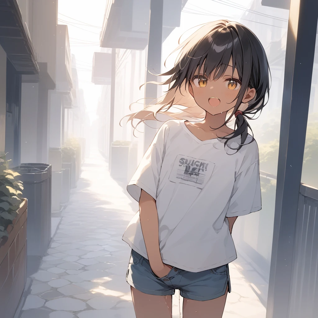 score_9, score_8_up, score_7_up, source_anime, best quality, masterpiece, official art, absurdres, highres, ultra-detailed,waifu2x,Collection: Slice of Life,break,1girl, tomboy, dark-skinned female, short hair, low ponytail, flat chest, beautiful detailed eyes, short shorts, sweat, open mouth, (yawn:0.3), masturbation, masturbation through clothes, pussy juice, outdoors, wind, break,(clear line illustration:1.2),very high resolution, very aesthetic, super detailed skin, Best sexual lighting powered by famous artist, 8k,cute picture,beauty illustration,photoshop_(medium),,(Detailed Lighting),best anime 8k konachan wallpaper, pixiv contest winner,