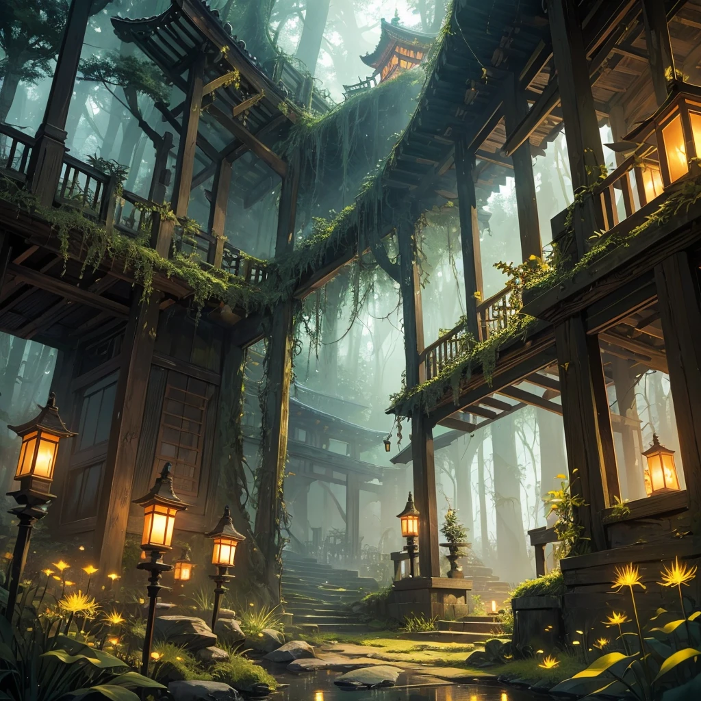 Masterpiece, best quality, 8K, high res, ultra-detailed, no humans, beautiful view, ultra -detailed, fine detailed, highly detailed, intricate, highly detailed, ultra-detailed, scenery, misty atmosphere, solitary, intricate details, delicate features, deep forest, wisps of light, pristine, japanese temple, mysticism, night, red lanterns burning, fireflies, fiery butterflies, gloomy atmosphere, temple in the forest, mossy stairway in the temple, mysterious forest, dilapidated temple, sanctuary, will-o'-the-wisps, dilapidated temple, field of spider lily flowers, wild nature oil painting