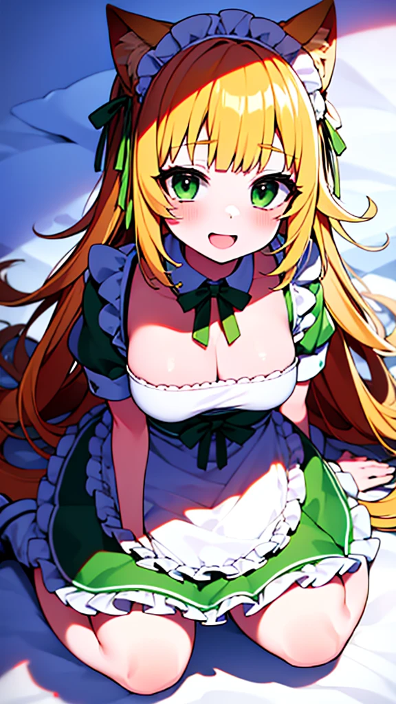 1girl, full body shot, ((Chiffon from maimai, cosplay)), blonde, Cat ears, green eyes, joy, happy, (Green maid outfit, Cream white apron),  (best quality, masterpiece, perfect face)